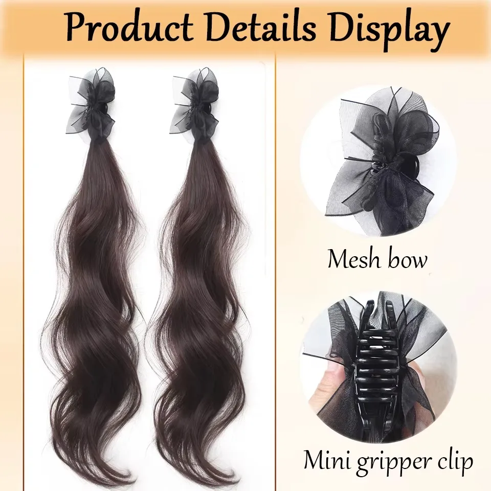 2Pcs Elf Ear Synthetic Ponytail Hair Extensions with Elegant Princess Mesh Ribbon Bow Mini Claw Clip Hair Accessories for Women