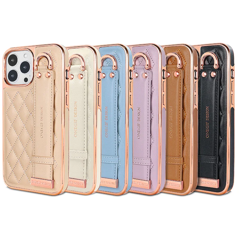 For iPhone 16 15 14 13 12 Pro Max Case Matte Embossed Grid Leather Hand Strap Belt Stand Leather Covered On The Edges Cover - Image 6