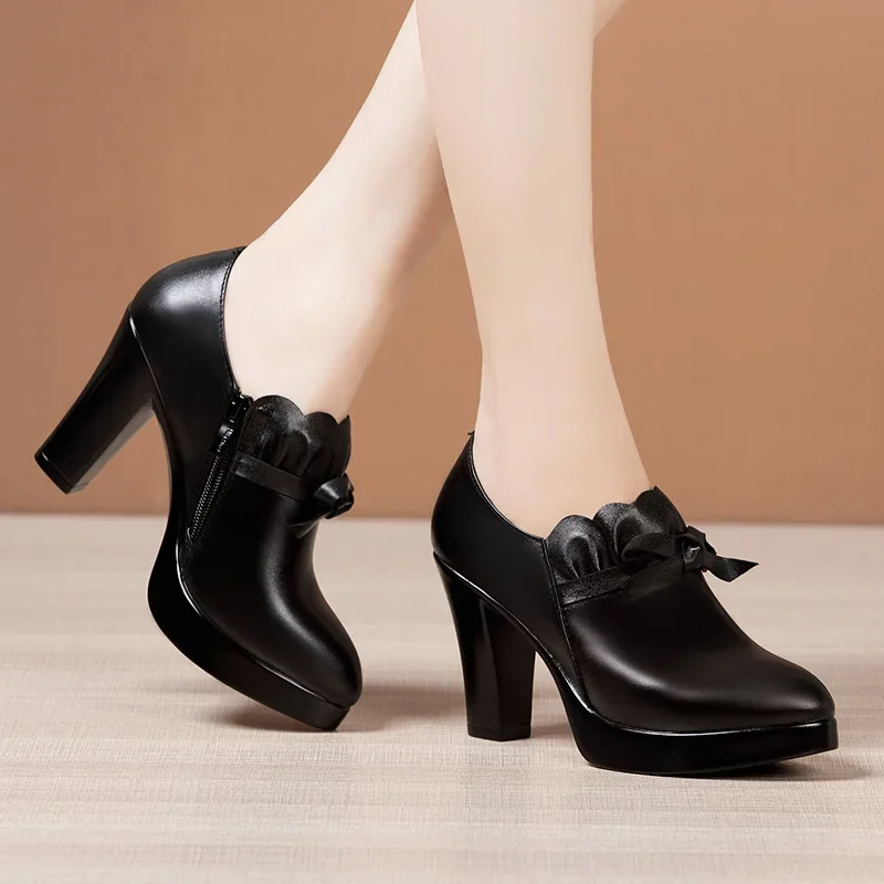 9cm 11cm Small Size 32-43 Elegant Black Bow Block High Heels Shoes for Office Model 2024 Thick Bottom Deep Mouth Platform Pumps