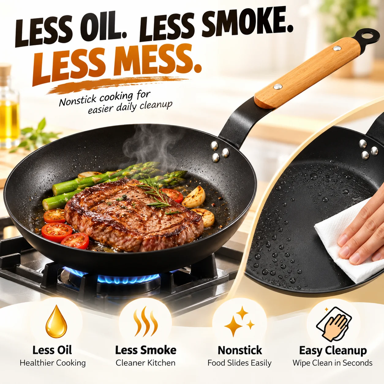 Uwhise 22/24/26cm Non Stick Carbon Steel Frying Pan Skillet With Wooden Handle For Induction Gas Stove All Stovetops