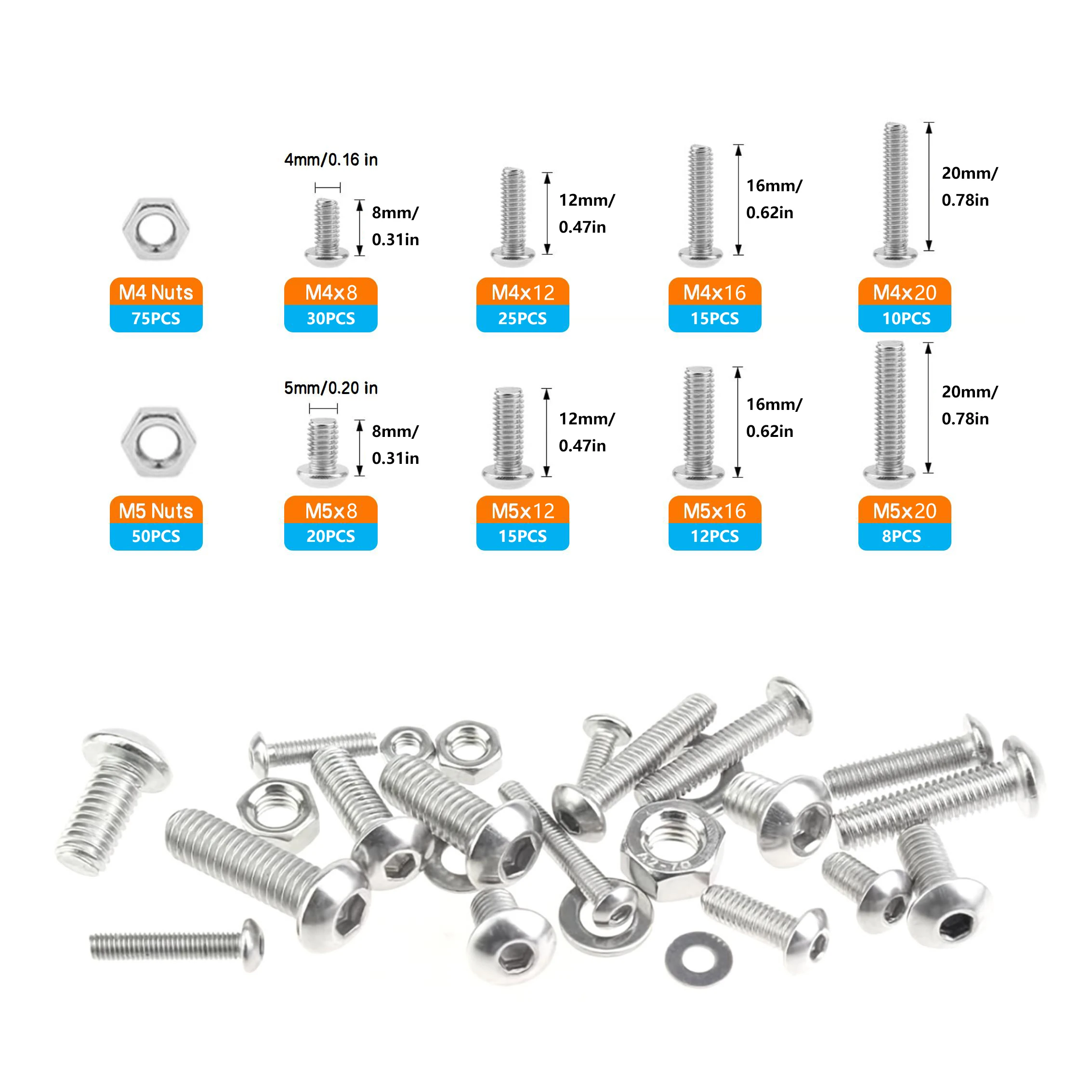 260/600/670pcs Stainless Steel Allen Screw and Bolt Combination Set | M2, M3, M4, M5, M6,Button Head Screws,Bolts,Washers & Nuts