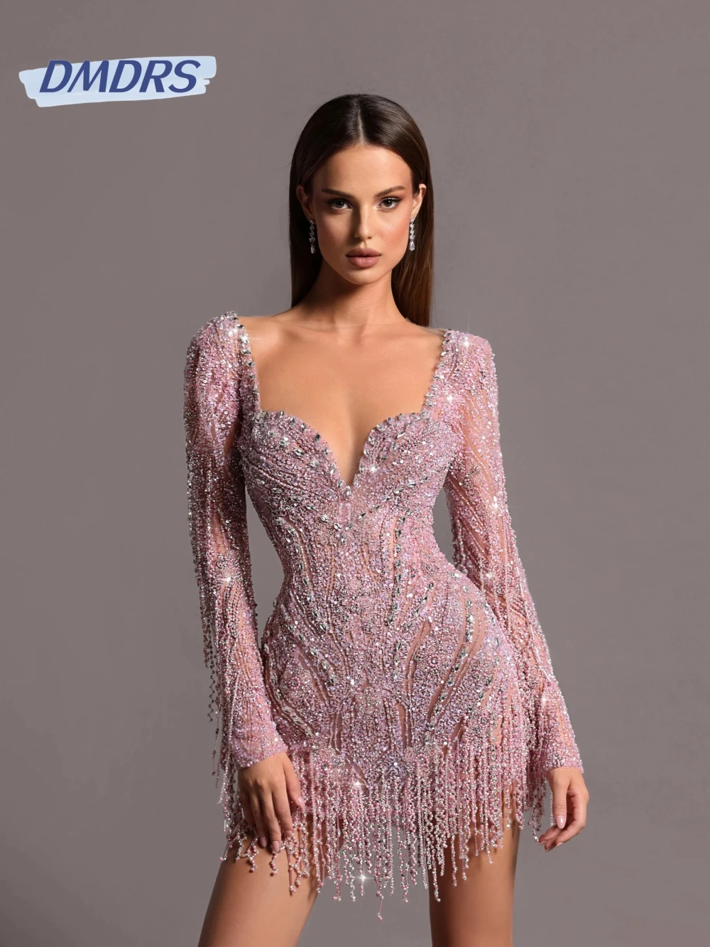 

Sequined Beads Tassel Evening Dress Gorgeous Mini Sheath Prom Gown 2025 Sexy Illusion Cocktail Dresses Customized Robe De Mariée