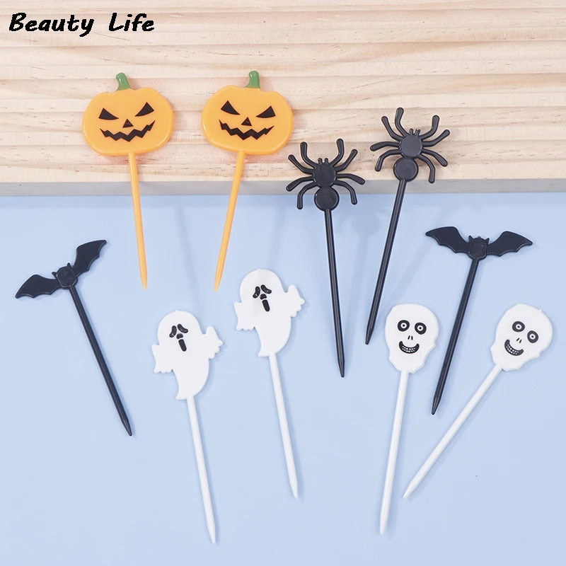 6/10/12Pcs Fruit Fork Mini Cartoon Children Snack Cake Dessert Pick Toothpick Bento Mini Lunches Halloween Party Decoration