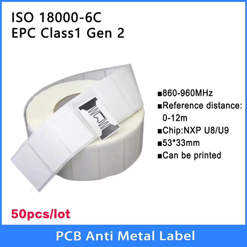 50 Uds etiqueta RFID UHF 18000-6C 860-960MHz RFID etiqueta adhesiva UHF etiqueta electrónica chip U8 915 MHz etiquetas inteligentes de alta calidad