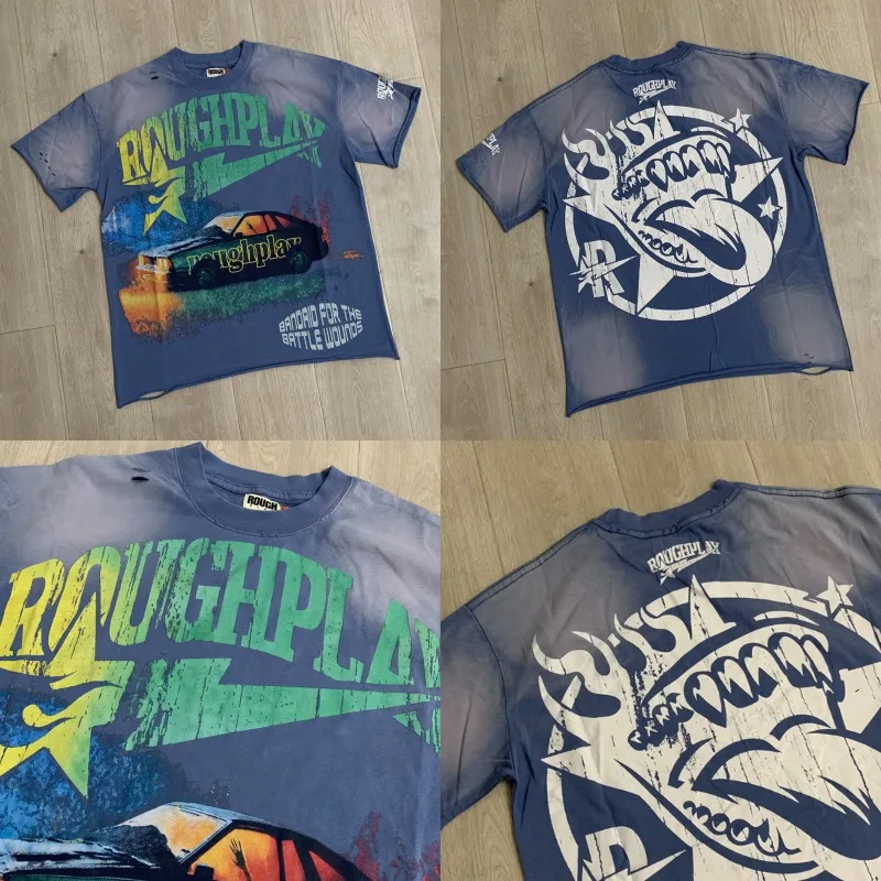 Street American Style Distressed Rough Play T-shirt Letter Print Men Women Hip Hop Short Sleeved