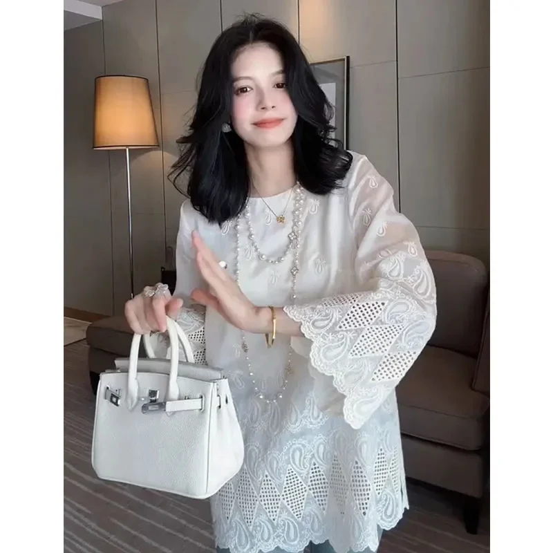 

Spring Autumn Ladies Round Neck Hollow Out Tops French Women Large Size 4xl Blouse Female Fashion Solid Color Casual Shirt Coat