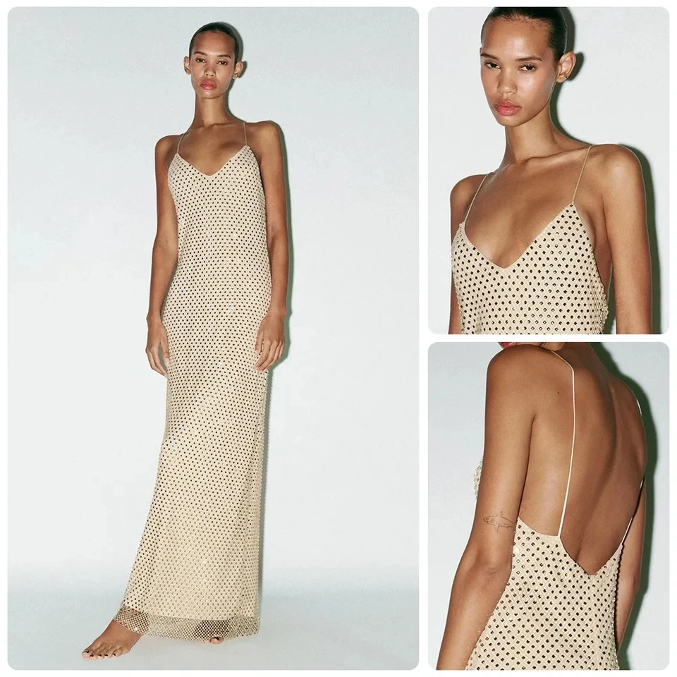 

2026 Spring New Lady Style Rhinestone Deep V Backless Thin Strap Full Rhinestone Camisole Maxi Dress