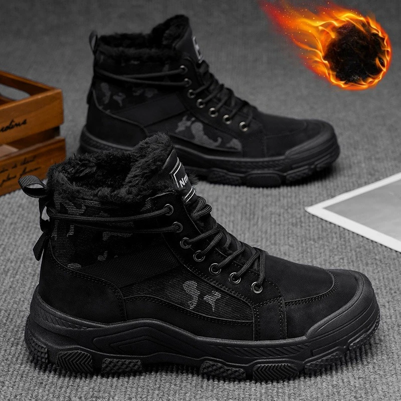 2026 New Casual Snow Boots High Top Men's Short Boots Winter Warm Suede Cotton Boots Outdoor Non Slip Waterproof Work Boots