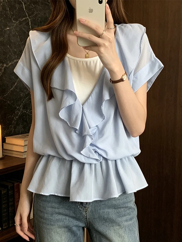 

Korean Style Summer New Design Shirt with Lace Trimming Fat Sister Belly Cover Fashionable Top Breathable Skin-Friendly Short...