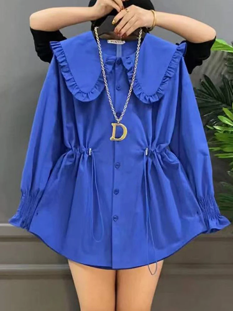 Korean Style Sweet Baby Doll Collar Open Cardigan Jacket Spring New Large Size Women's Drawstring Slim Shirt plus Size Top