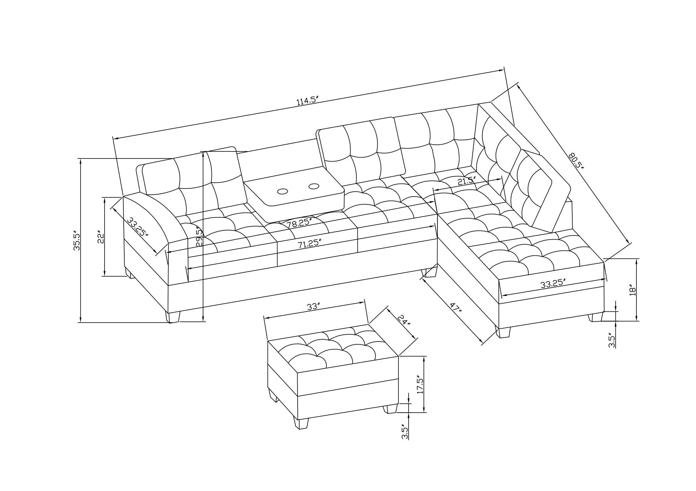 Sectional Sofa with Storage Stool and Cup Holder–Linen Fabric Sofa with Two Pillows for Home, Apartment, Meeting Room