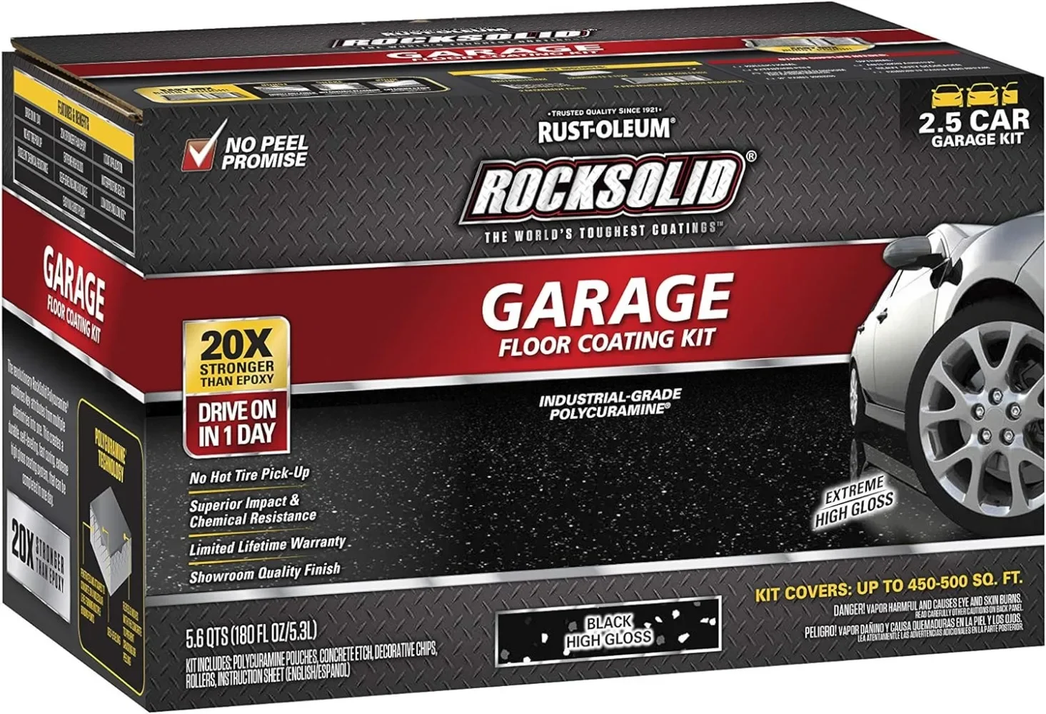 Rocksolid Polycuramine Garage Floor Coating, 6 Piece Set, Black, 2.5 Car Kit Crack Resistant