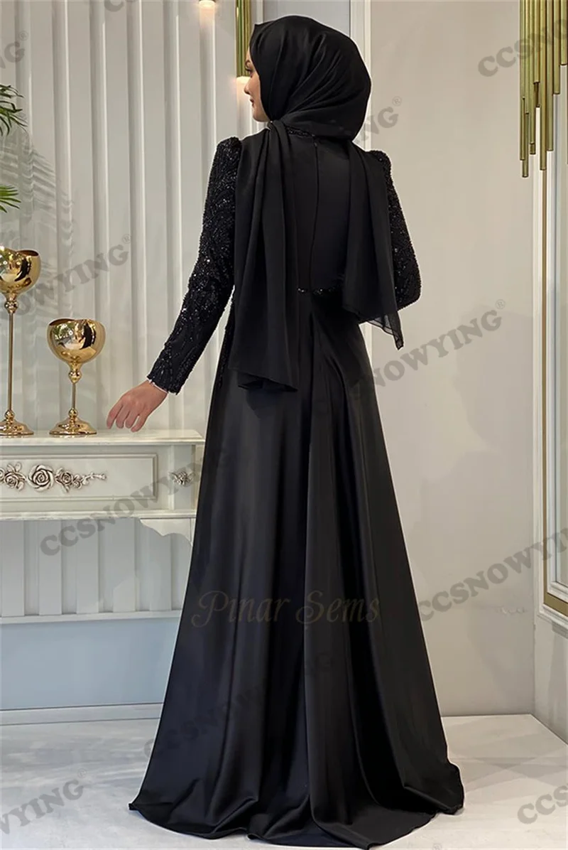 Satin Appliques Hijab Muslim Evening Dresses Long Sleeve Islamic Formal Party Gown Women Arabic Kafatn Robe De Soiree