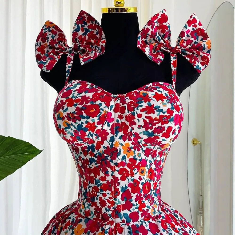 Spring Elegant European American Style Casual  Floral Print Halter Bow Lace-up Dresses High Waist Bowknot A-line Short Dress