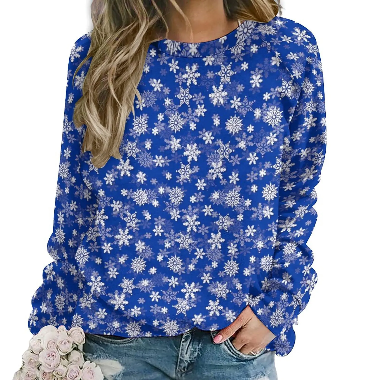 

Christmas Snowflake Hoodies Blue And White Streetwear Oversized Hoodie Womens Long Sleeve Trendy Graphic Casual Sweatshirts