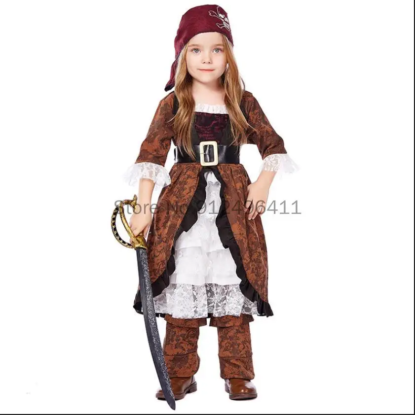 

Halloween Carnival Party Costume for Girls Children Caribbean Pirate Cosplay Costumes Fantasia Dress Shoes Cover 5 Pcs Set