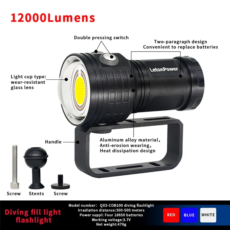 LetonPower Underwater Photography Light Highlight 12000Lumens COB Lamp LED Diving Flashlight 100M Waterproof Video Torch