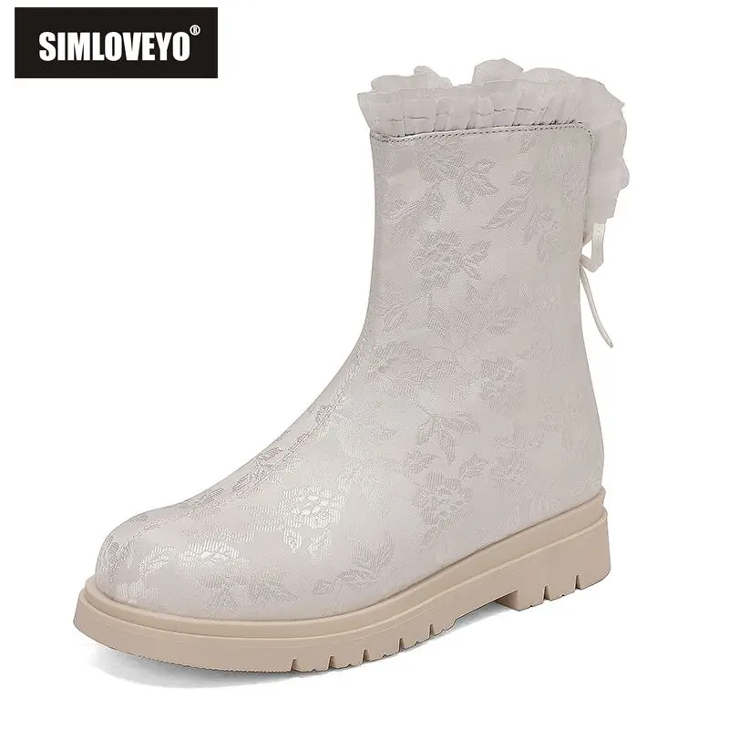 

SIMLOVEYO Новые бежевые сапоги до середины икры для девочек с круглым носком 3,5 см, блочный каблук, молния, бантом, маленький размер 31, 32, 33, теплые короткие ботильоны, осень