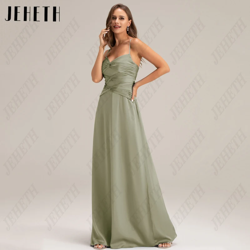 

JEHETH Pleat V-Neck Prom Dresses Women Satin Spaghetti Straps Evening Gowns A-Line Party Backless Vestidos De Festa Sleeveless