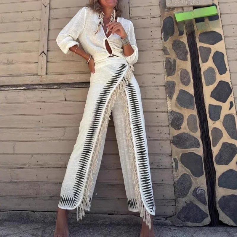 

2025 New Long Sleeve Strap Shirt Wide Leg Fringed Pants Suit