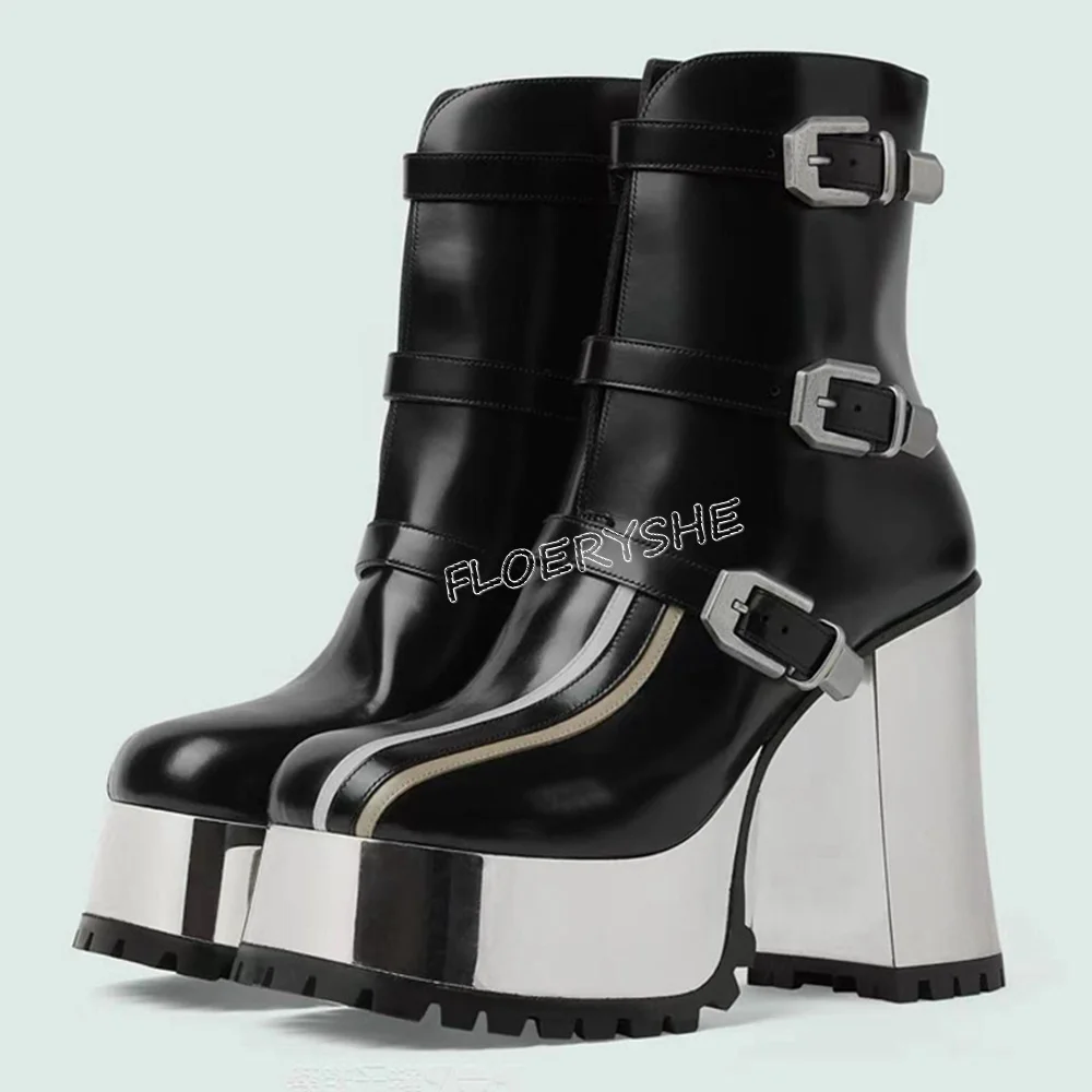 

Black Leather Platform Ankle Boots New Arrival Mixed Colors Women Round Toe Buckle Chunky High Heel Party Autumn Winter Shoes