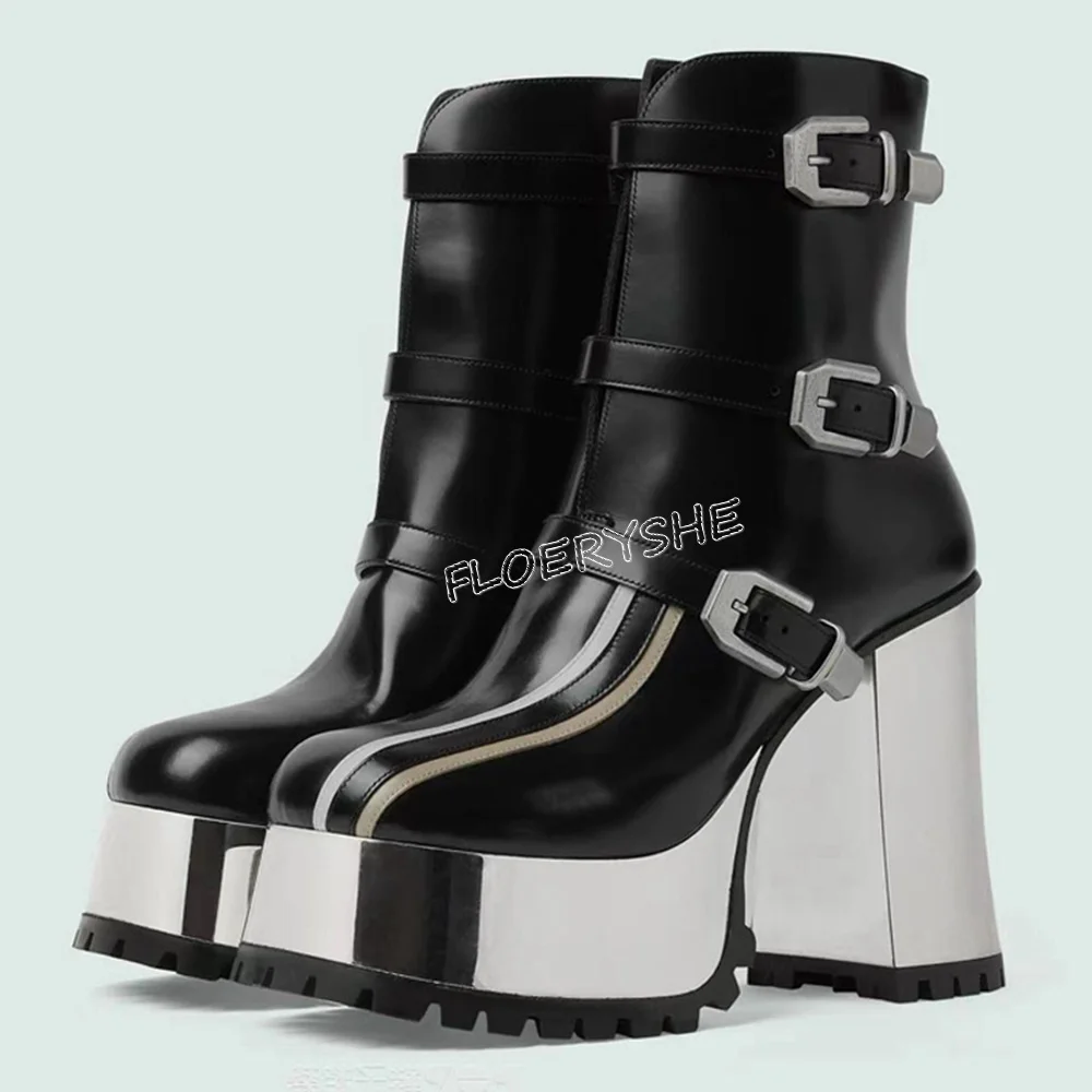 Black Leather Platform Ankle Boots New Arrival Mixed Colors Women Round Toe Buckle Chunky High Heel Party Autumn Winter Shoes