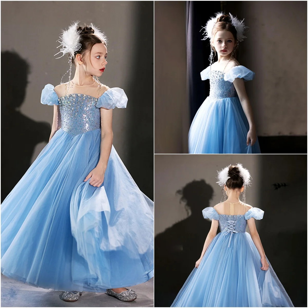 Blue Princess Flower Girl Dresses for Wedding Sequins Ankle Length Short Sleeve Girl Kids Birthday Party First Communion Gowns