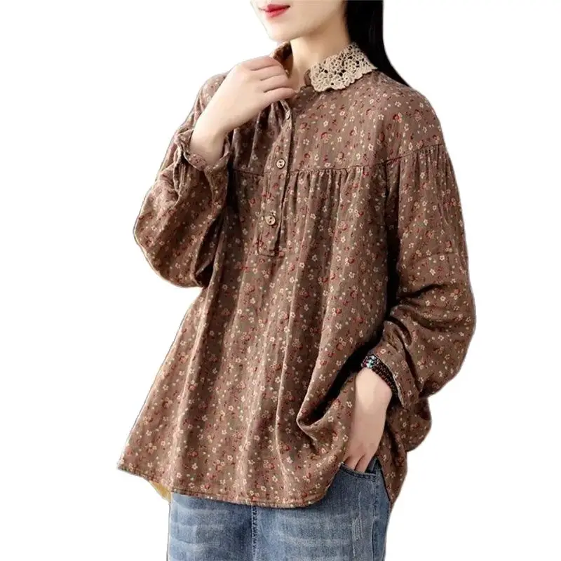 Fresh Spring Autumn Printing New 2022 Cotton Linen Lace Side Collar T-Shirt Women\'s Long Sleeves Loose Light Lazy Wind Jacket