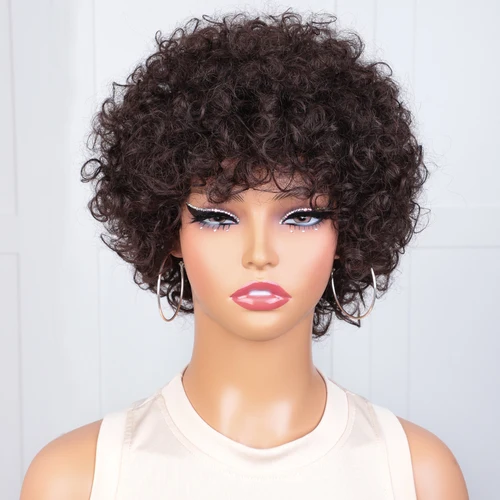 Imagen 2 del producto Pelucas de cabello humano Pixie corto Afro rizado Bob con flequillo para mujeres cabello Remy brasileño poner y ir pelucas rizadas rizadas marrones naturales