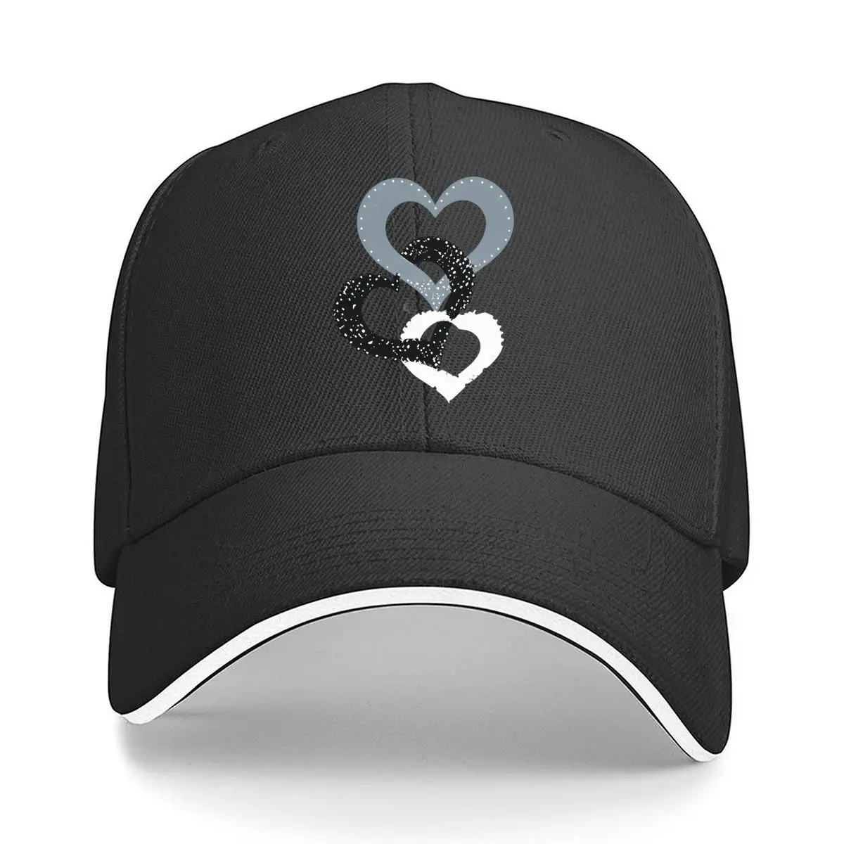 Distressed Black Gray Interlocking Heart Outline Graphic Sandwich Baseball Cap