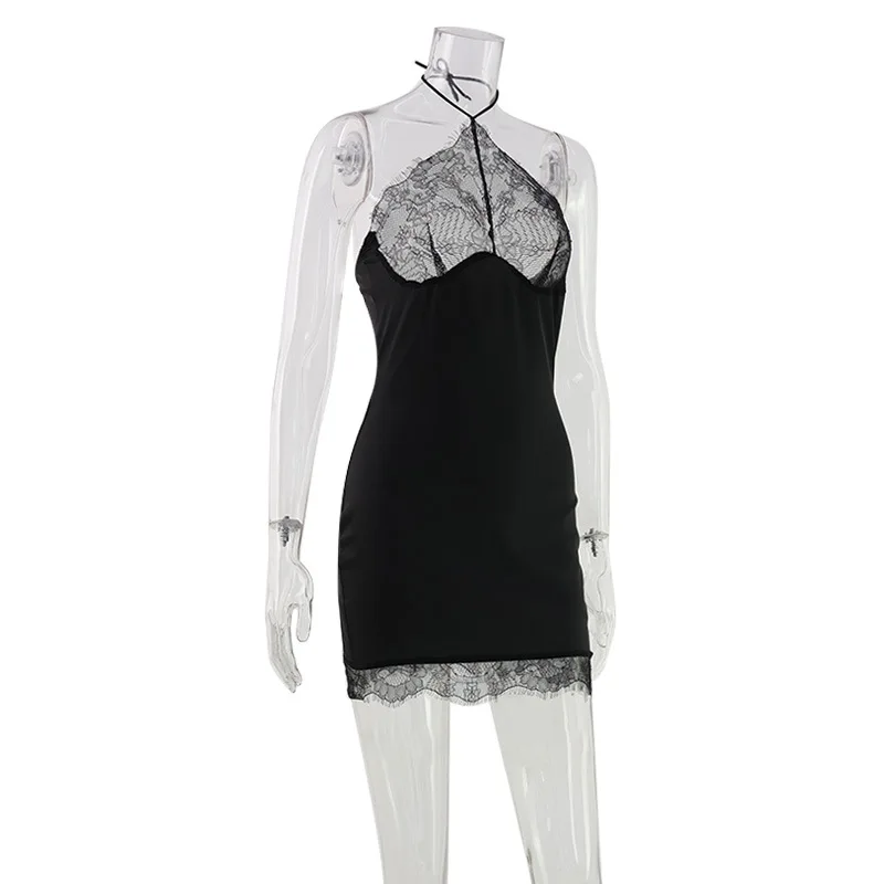 CNYISHE Halter Lace Patchwork Sleeveless Backless Party Sexy Club Outfits Women Dresses Sheath Fashion Fitness Female Bodycon