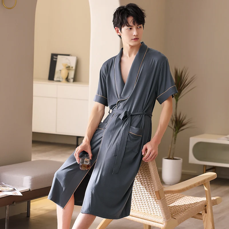 Solid Color Bath Robe Summer Thin Modal Casual Nightgown Long Bathrobe Men Sleepwear Short Sleeve V-Neck Robes M-3XL Male Kimono