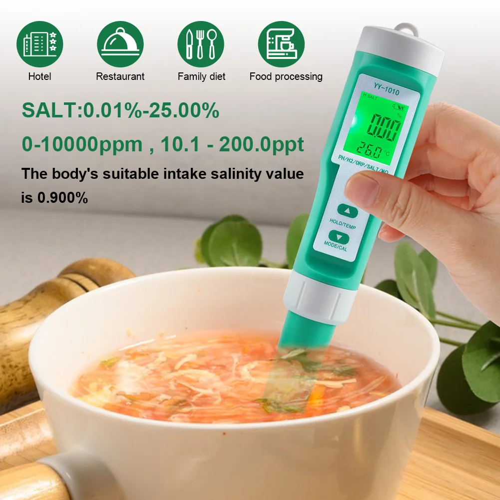 10 in 1 PH/EC/TDS/ORP/H2/SALT/Fertilità/SG/MΩ/Temp Misuratore di qualità dell'acqua Tester multifunzione digitale per acqua di zuppa di acquario spa