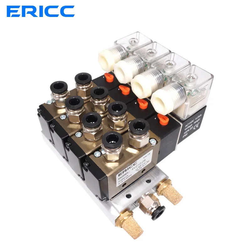 4V210-08 DC12V 24V 2 Positions 5 Way Quadruple Solenoid Valve Aluminum Base Fitting Mufflers Set 3 4 5 6 Stations AC110V AC220V