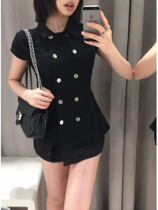 Retro Japanese Style Women's Short Sleeve Shirt Jacket Double Button Waist Cinch Slimming Korean Fashion Maturity High-End Fe...