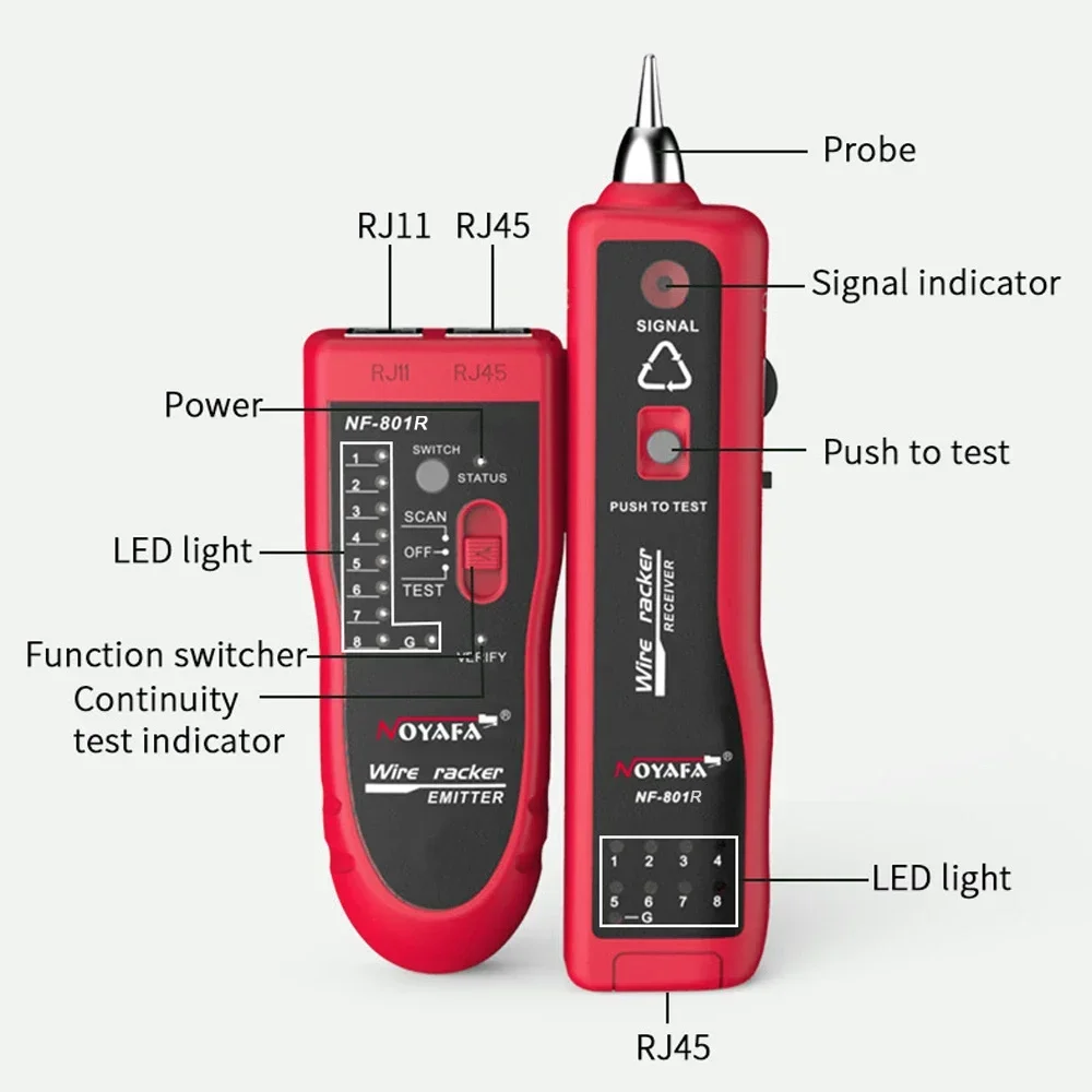 

NOYAFA NF-801 Network Cable Tester RJ45 RJ11 Ethernet LAN Telephone Wire Tracer Line Finder With LED Lighting Withstand Voltage