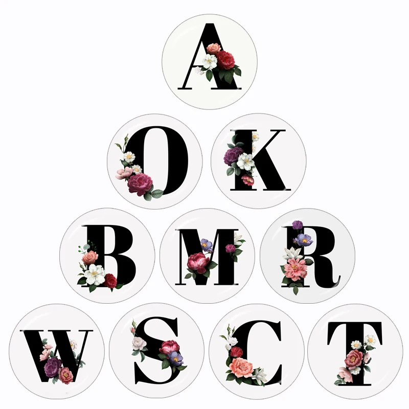 A-Z 26 Letters Flowers Letter Print 10pcs 12mm/16mm/18mm/20mm/25mm/30mm Round Photo Glass Cabochon Demo Flat Back Making Finding