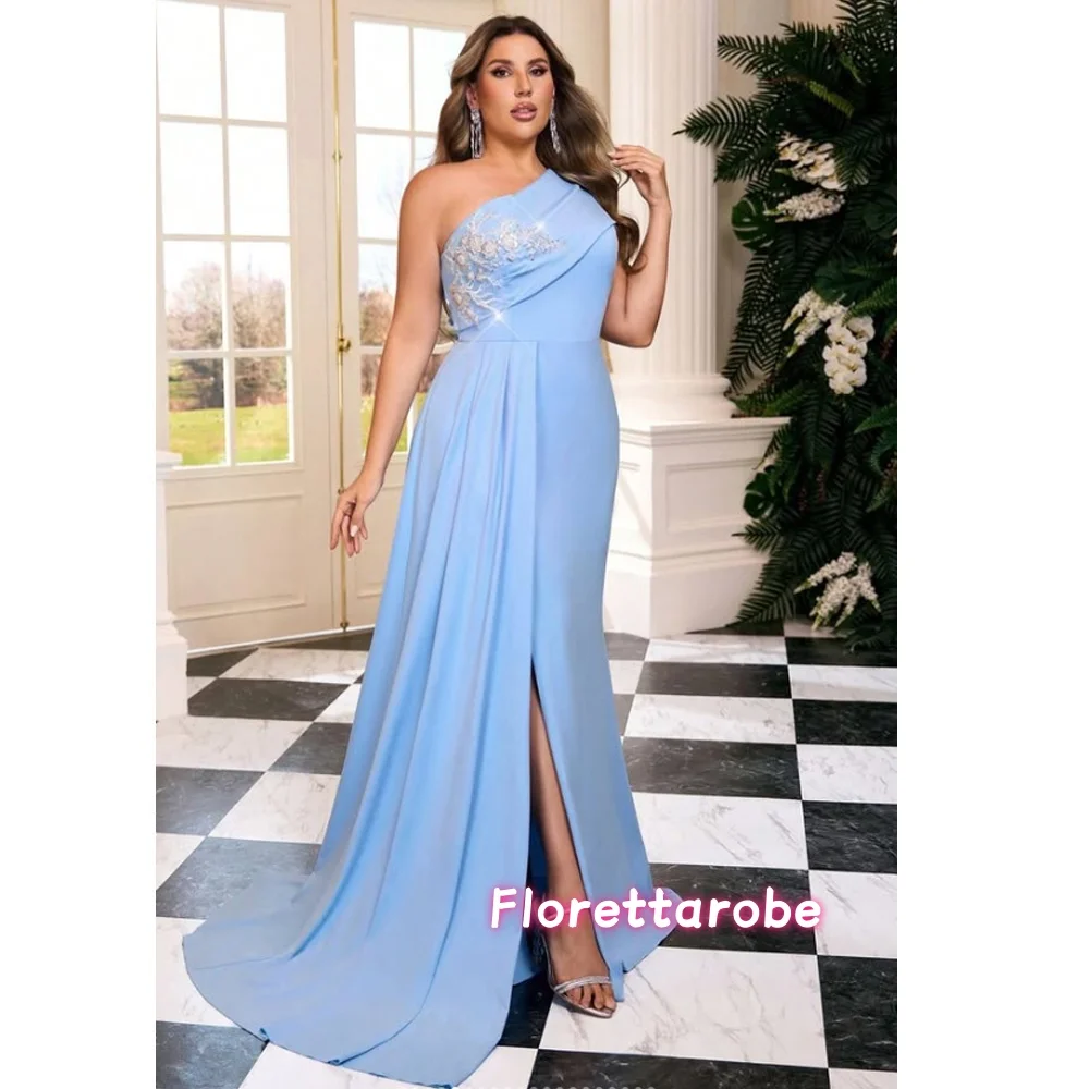 Customized Plus Size One Shoulder Blue Applique Banquet Evening Dress Luxury Wedding Banquet Floor-Length Prom  Dress