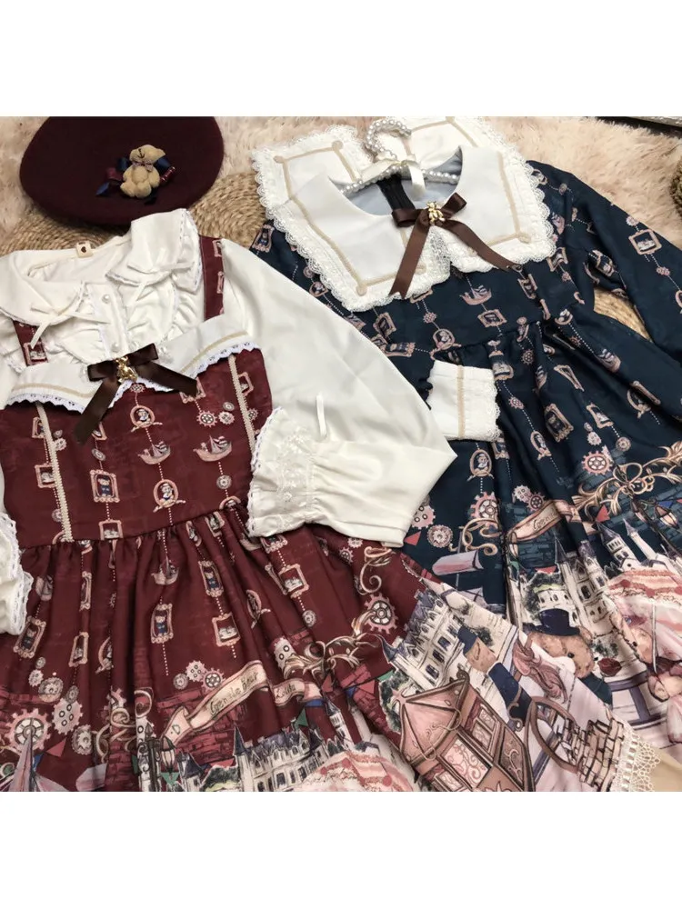 Original 2025 Christmas British Teddy Pattern Lolita Vintage Navy Long Sleeve Jsk Dress for Girls Loose Fit Other 100% Material