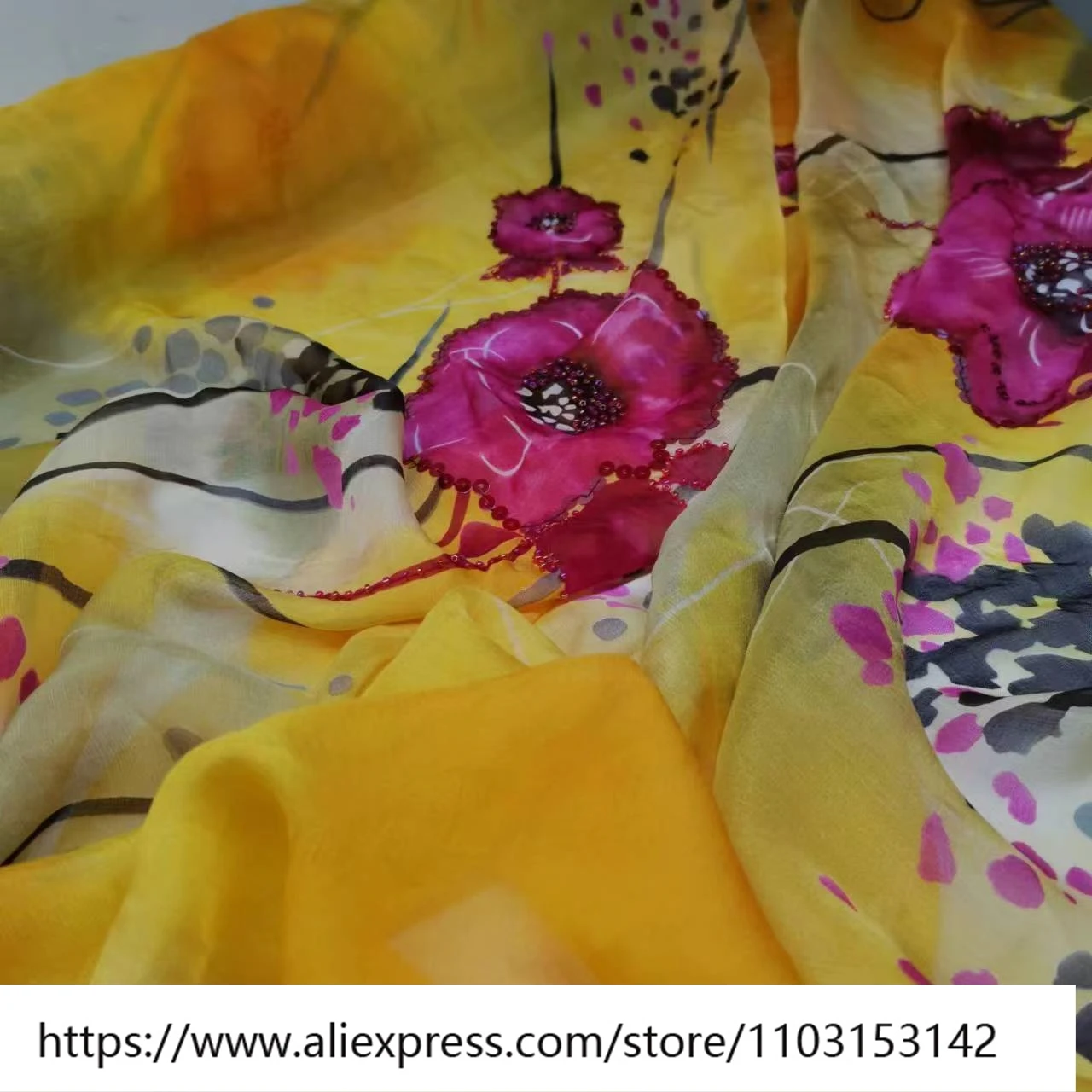 Zomer lichte en dunne zijden chiffon stof 7momme nagel parel borduurwerk pailletten jurk sjaal breed