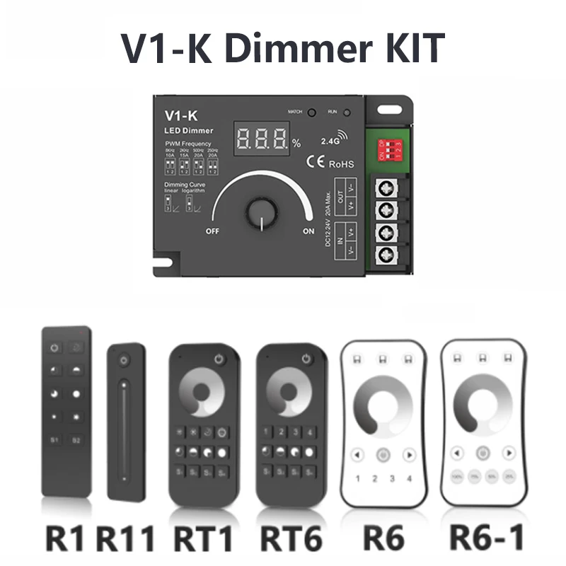 

Skydance V1-K PWM LED Dimmer 12-48V DC Frequency Adjustable 1CH 20A Rotary Knob 2.4G RF LED Dimmer Touch Remote Control Dimer