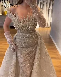 Luxury Crystal Champagne Arabic Dubai Long Evening Dresses Robe De Soiree Wedding Party Engagement Gowns 2 IN 1 Prom Dress 2024