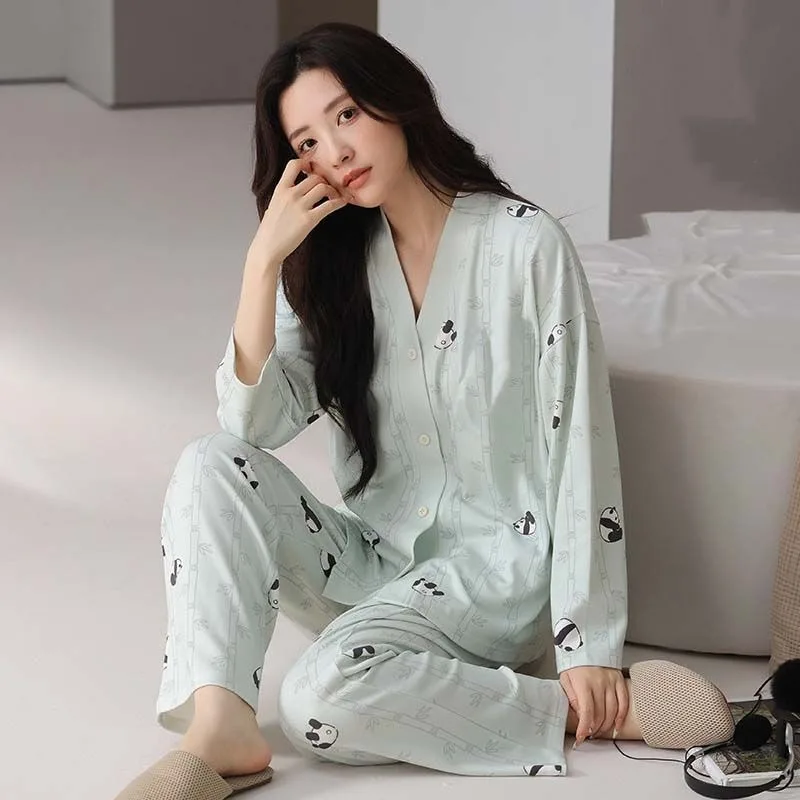 Sweet Girl Loungewear Spring and Autumn Cardigan Pajamas Set Casual Can Wear Long Sleeves Trousers  Internet Celebrity Hot Sell