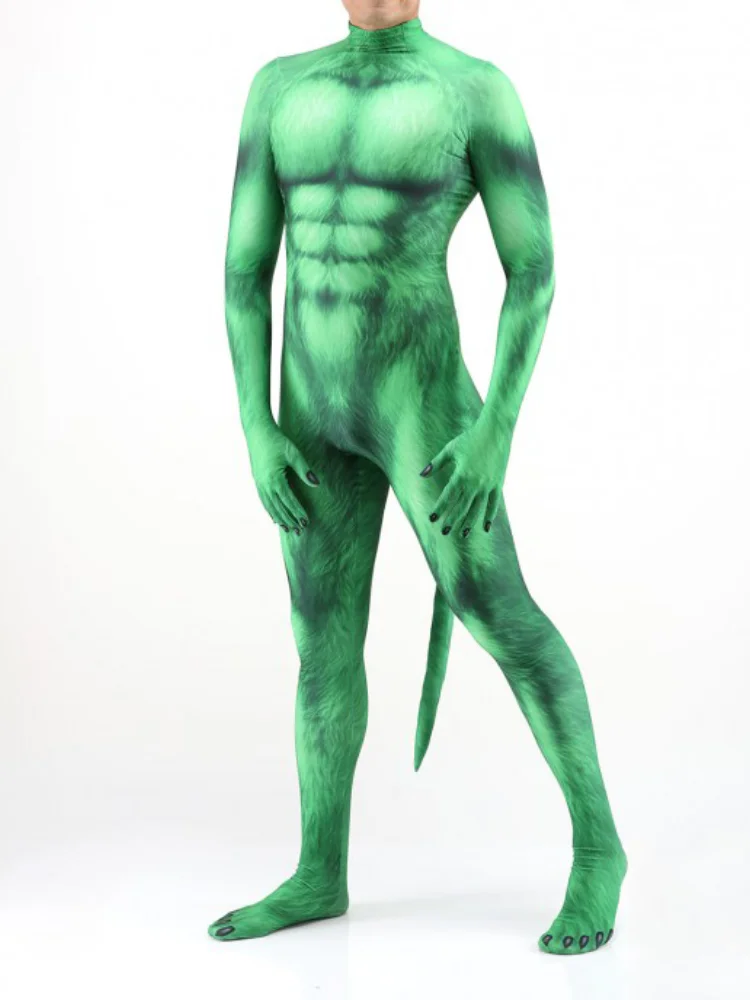 Zawaland Cosplay Green Petsuit with Dog Tail Men Funny Costume Festival Jumpsuits Full Cover Zentai Suit Halloween Party Clothes