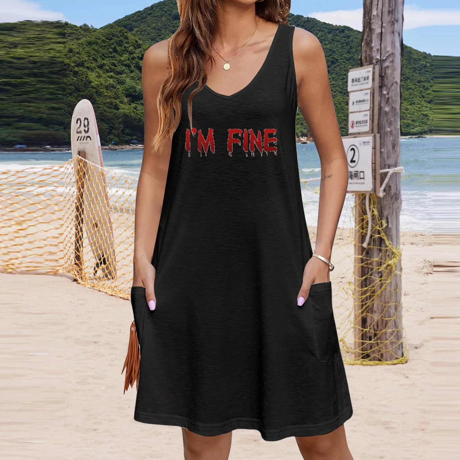 

halloween bloody party Dress Women Sleeveless V Neck Tank Dresses Casual Loose Dress With Pockets Halloween Women midi Dress