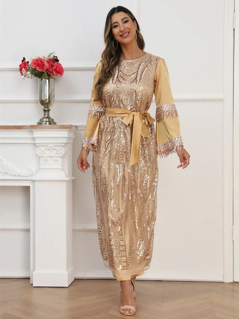 

Fashion Shiny Abaya Arab Embroidery Scarf Dubai Muslims fashion Dress Sequined Tassel Islamic dress wy1035 drop shipping