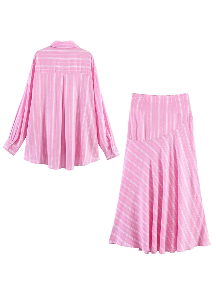 HH 2026 Woman New Fashion Stripes Pink Lapel Single Breasted Long Sleeves Shirt+Zipper Splicing Pleated Long Skirt 2 Piece Set view 4