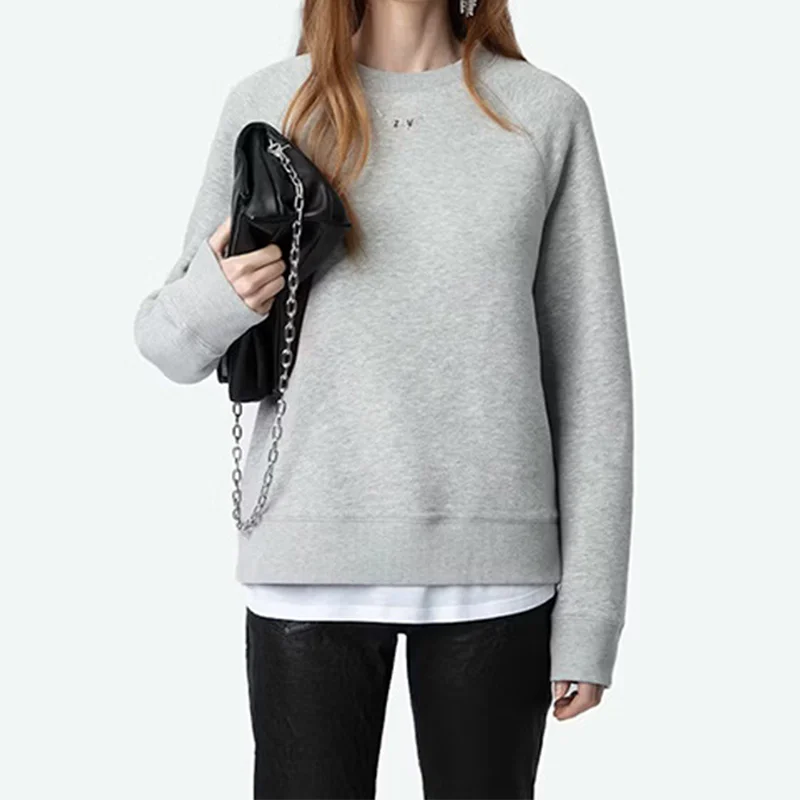 Grey Sweatshirt Women Casual Loose Cotton Pullover Female Classic Long Sleeve Pullover Fashion Diamond Wing Sweatshirts