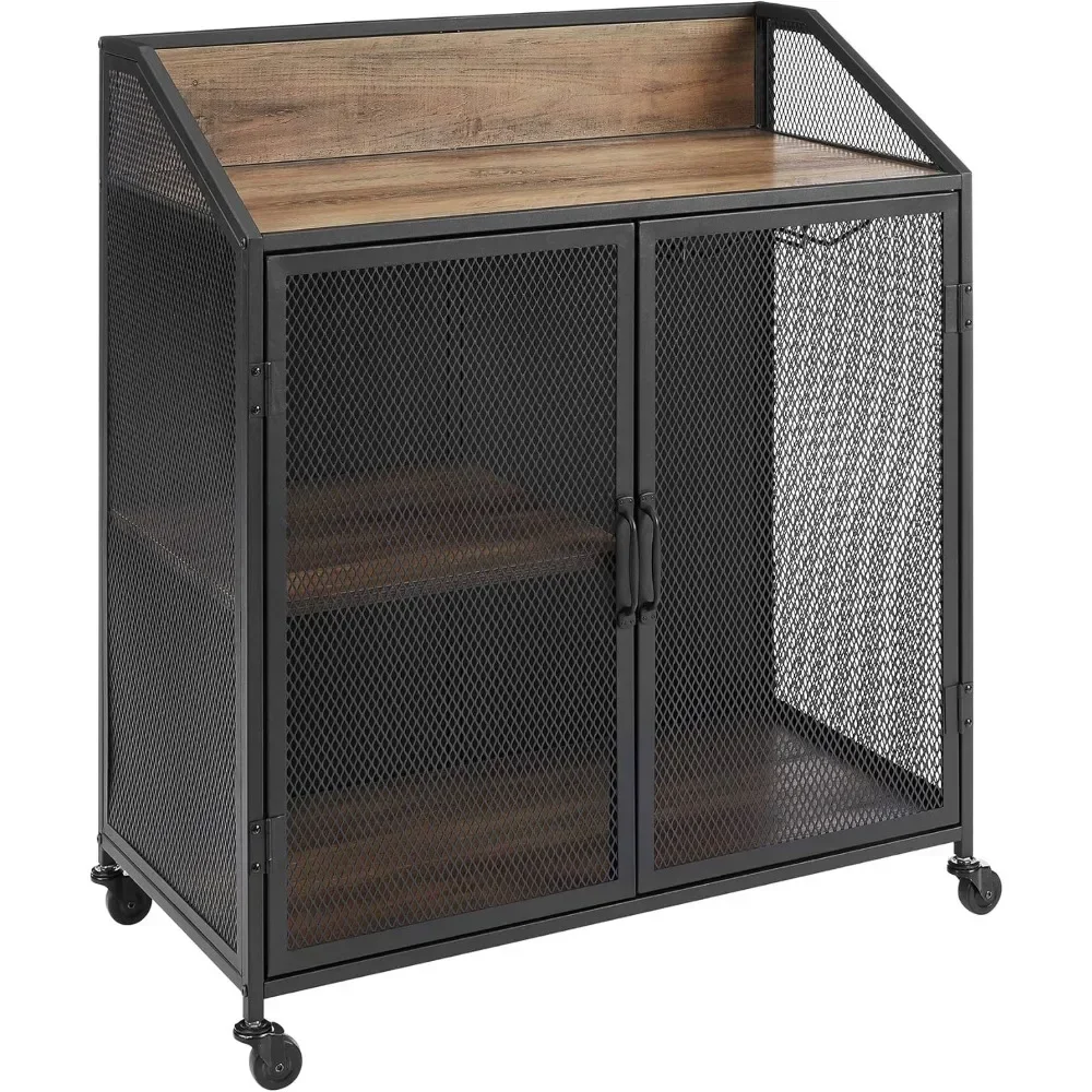 Malcomb Urban Industrial Metal Mesh Double Door Rolling Bar Cabinet, 33 Inch, Rustic Oak