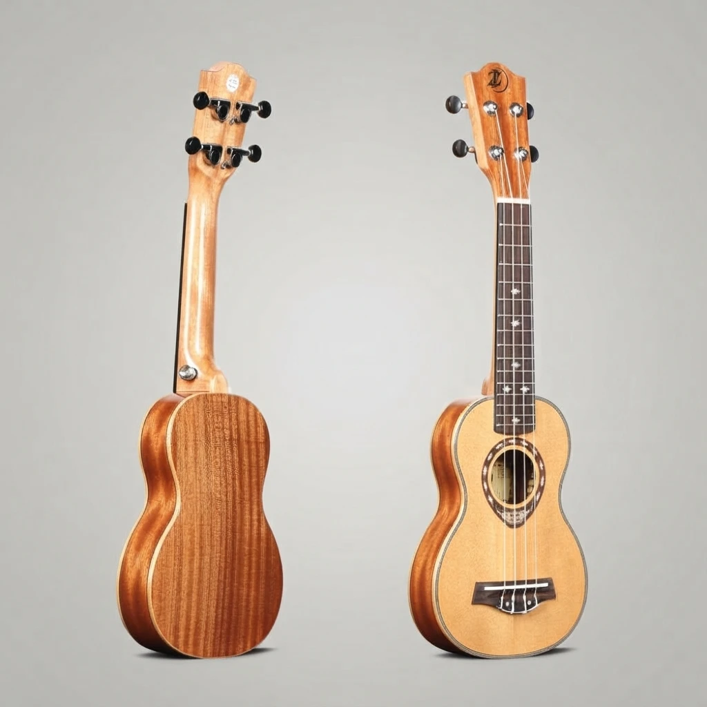 Two Tone Ukulele 4 Strings, Natural Light Top Red Brown Back, Black Closed Tuners, Diamond Inlay, Ornate Rosette for Beginners